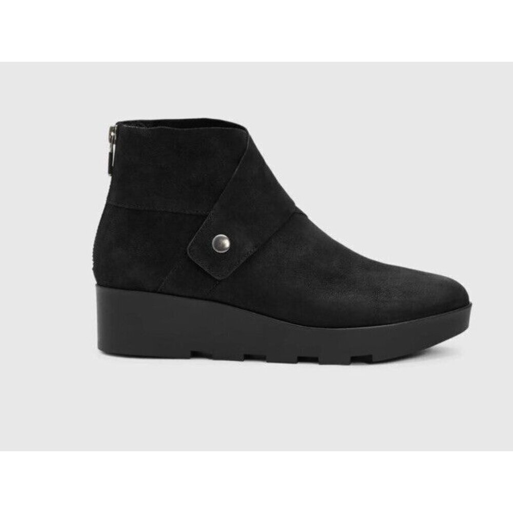 Eileen Fisher Tread Tumbled Nubuck Wedge Booties Black Ankle Boots Womens Sz 6